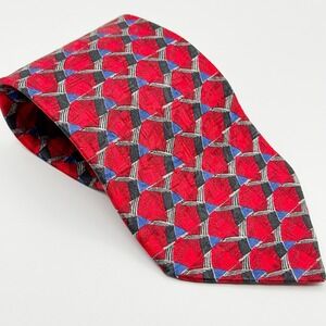 Ermenegildo Zegna Red Silk Necktie Geometric Pattern Designer Italian Tie‎